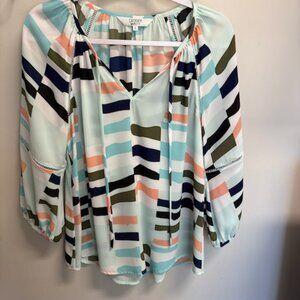 Crosby by Mollie Burch Pastel Brushstrokes Print Tie Neck Balloon Sleeve Top - S